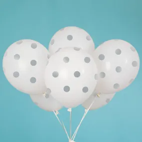 12 inch WHITE WITH SILVER POLKA DOTS BALLOON (6 PK)