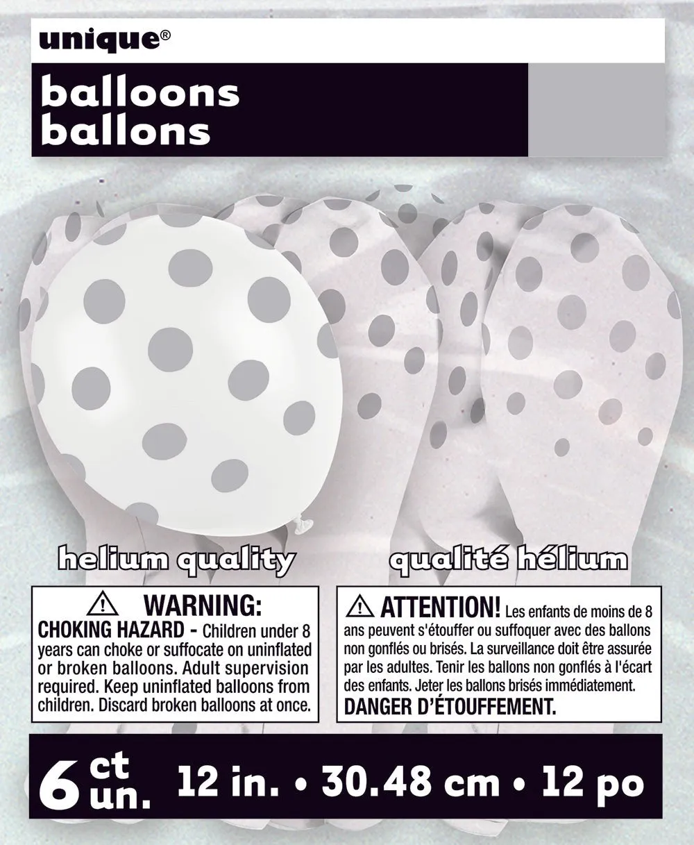 12 inch WHITE WITH SILVER POLKA DOTS BALLOON (6 PK)