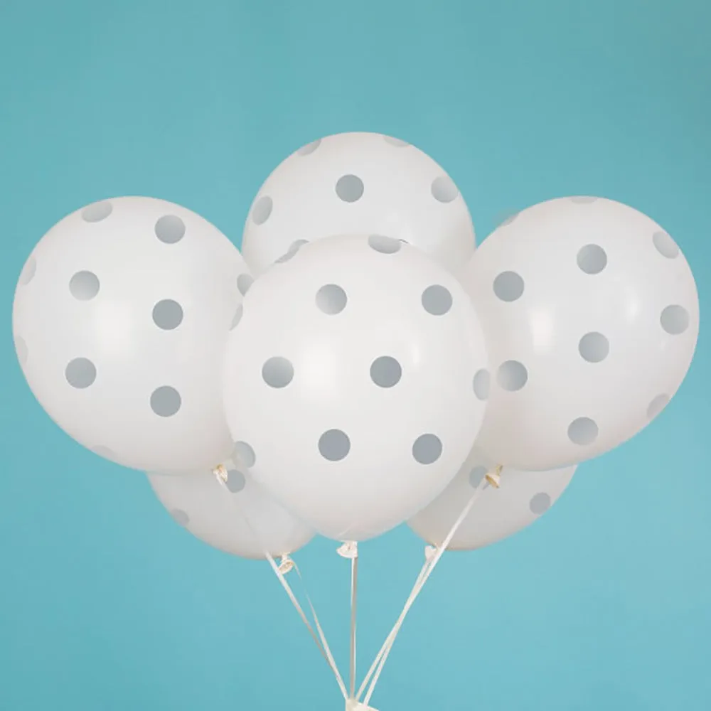 12 inch WHITE WITH SILVER POLKA DOTS BALLOON (6 PK)