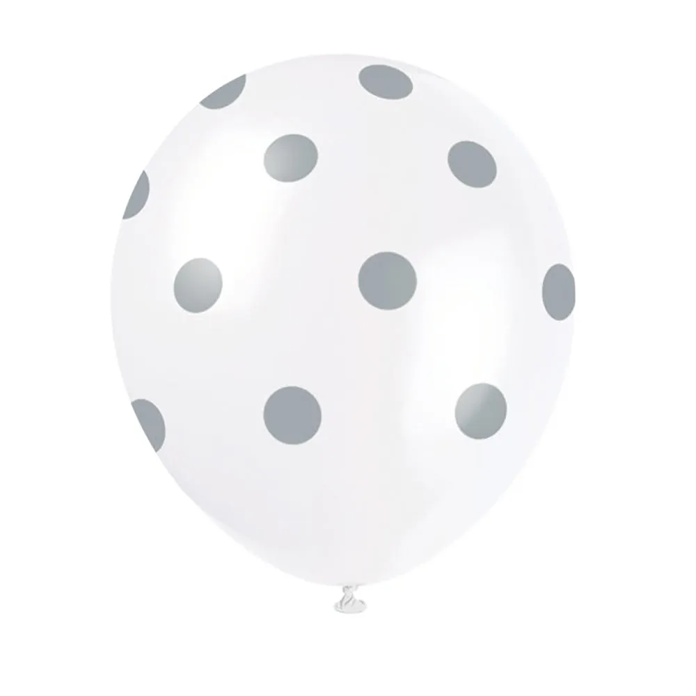 12 inch WHITE WITH SILVER POLKA DOTS BALLOON (6 PK)