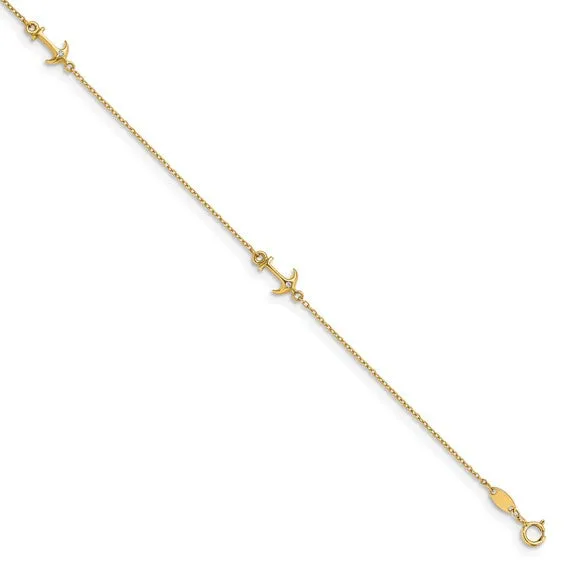 14K CZ Polished Anchor Anklet