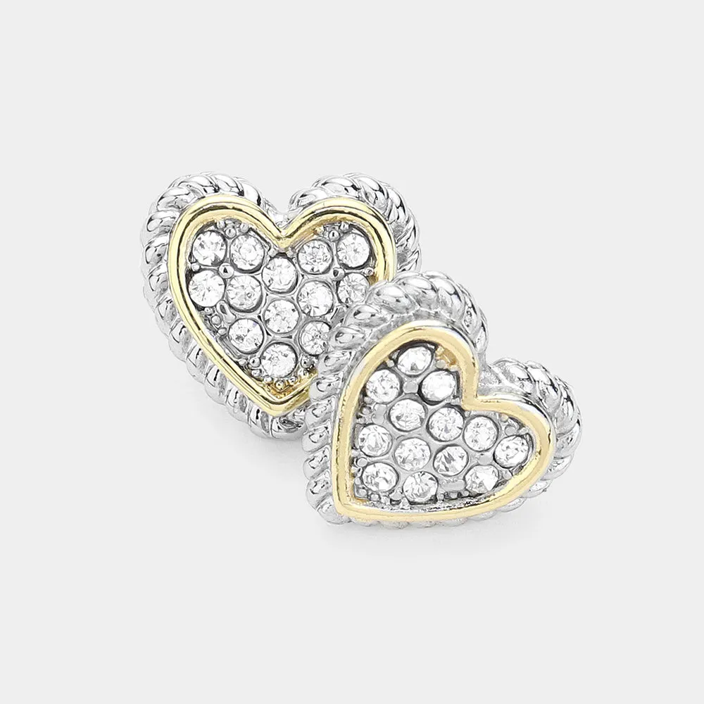 14K Gold Plated Two Tone Heart Stud Earrings-M H W ACCESSORIES