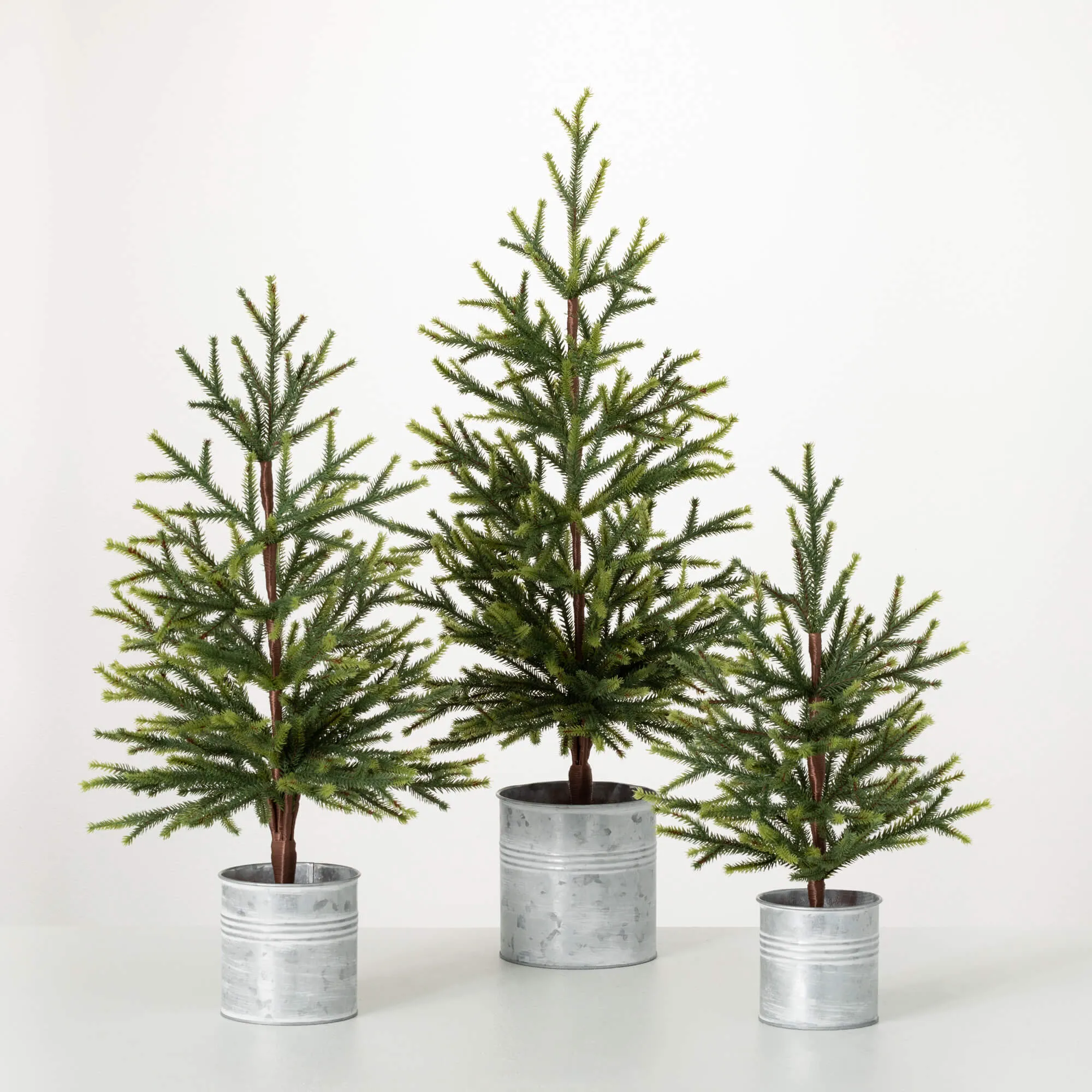 30"H, 24.5"H and 18.75"H Sullivans Pine Tree In Metal Pots - Set of 3, Green