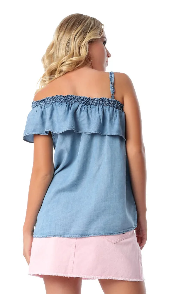 53356 Elastic Shoulders Light Blue Jeans Top