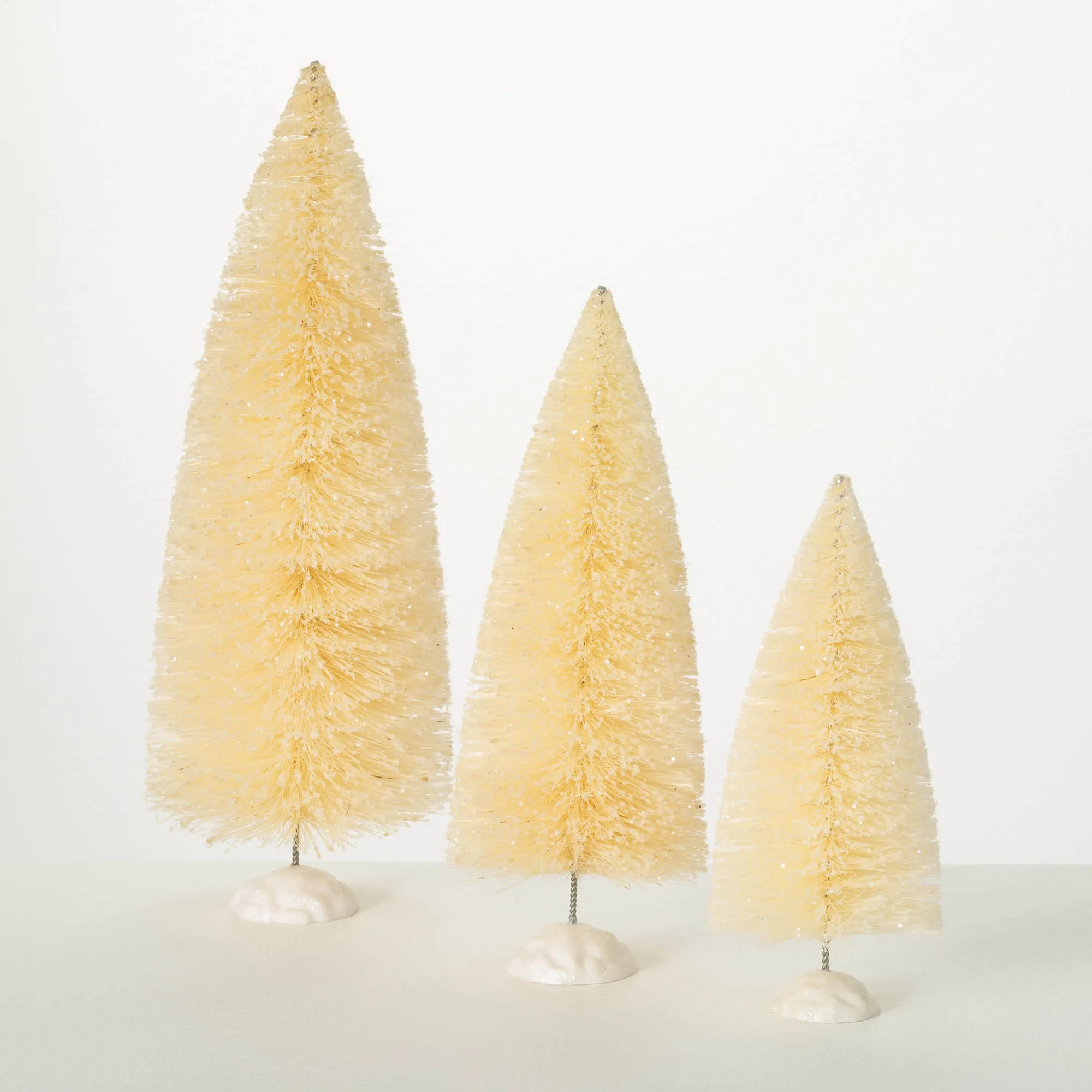 9.5"H, 12"H and 16.25"H Sullivans Cream Bottle Brush Tree - Set of 3, Christmas Decor