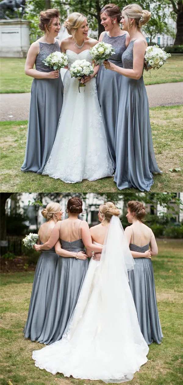 A-line Bateau Neck Lace Top Backlesss Long Bridesmaid Dresses, BD0604