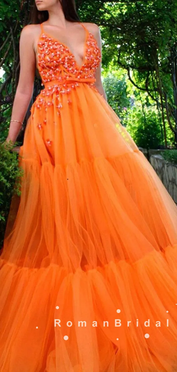 A-Line Deep V-Neck Halter Tulle Long Prom Dresses With Beading,RBPD0022