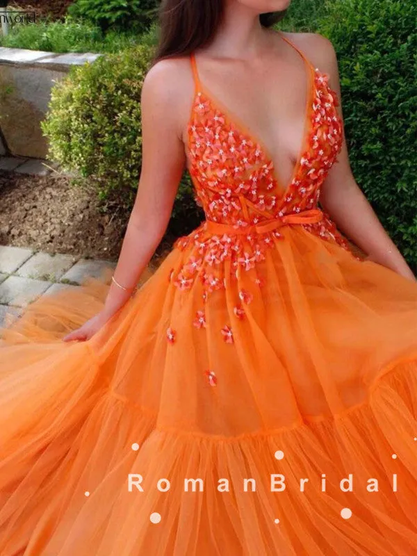 A-Line Deep V-Neck Halter Tulle Long Prom Dresses With Beading,RBPD0022