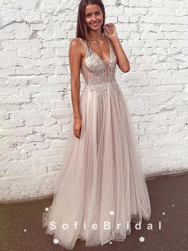 A-Line Deep V-Neck Sleeveless Tulle Long Prom Dresses With Beading,SFPD0090