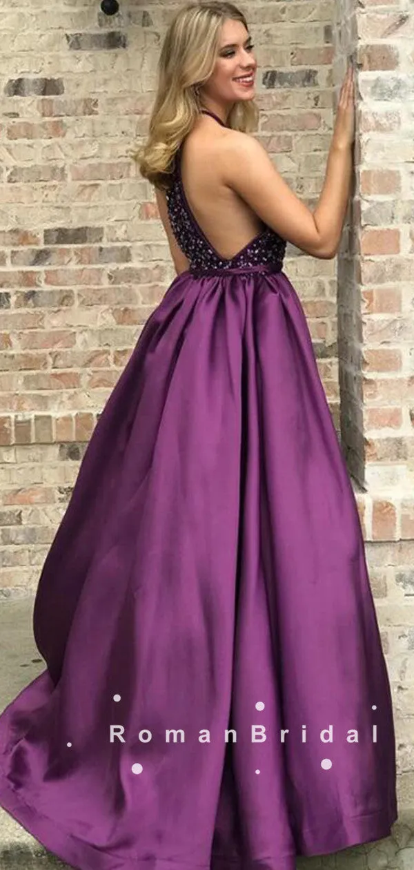 A-Line Halter Purple Satin Long Prom Dresses With Beading,RBPD0101