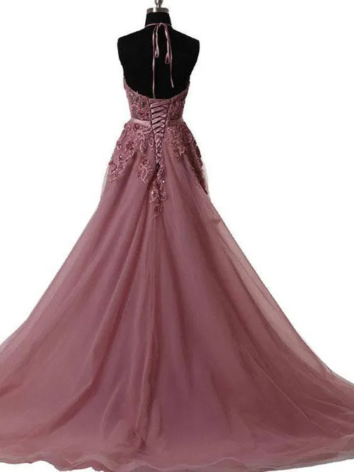 A-line Halter See-through Lace Appliqued Long Prom Dresses Formal Gowns, M317