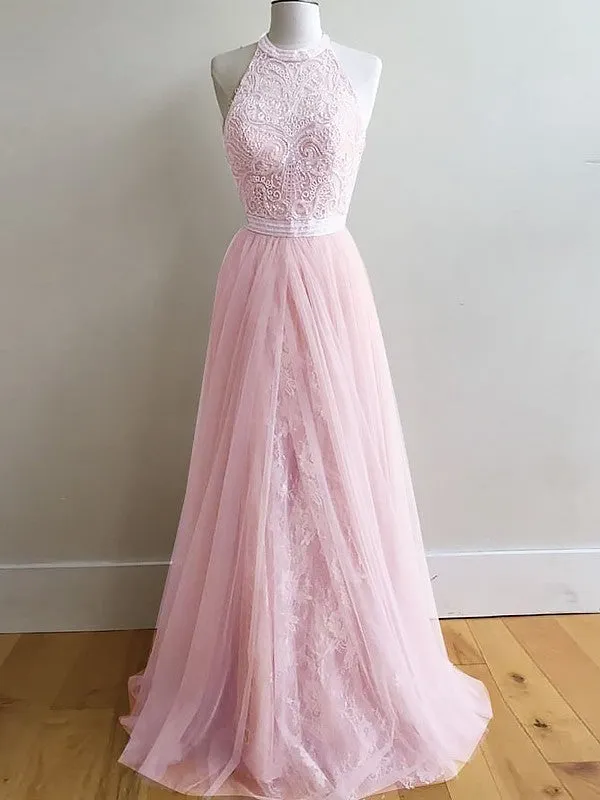 A-line Halter Sleeveless Tulle Lace Pink Backless Prom Dresses With Train, PD0546