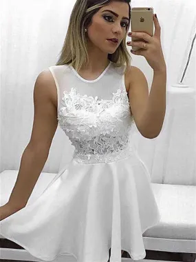 A-line Round Neck Sleeveless Lace Appliques Short Homecoming Dresses, HD0568