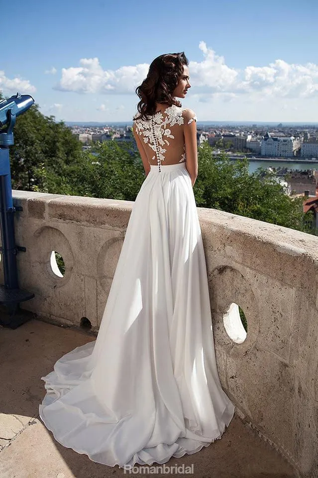 A-Line Sexy Modern Simple Chiffon Cap Sleeves High Slits Long Wedding Dress, WD0378