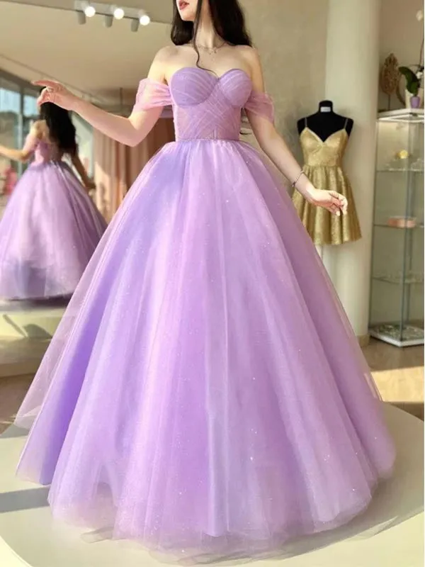 A-Line Sweetheart Neck Tulle Purple Long Prom Dress Formal Dresses, OL620