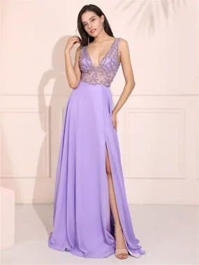 A-line V-neck Backless Beading Top Long Prom Dresses With Split, PD0785