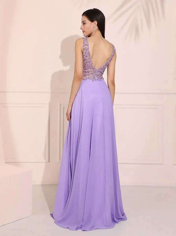 A-line V-neck Backless Beading Top Long Prom Dresses With Split, PD0785