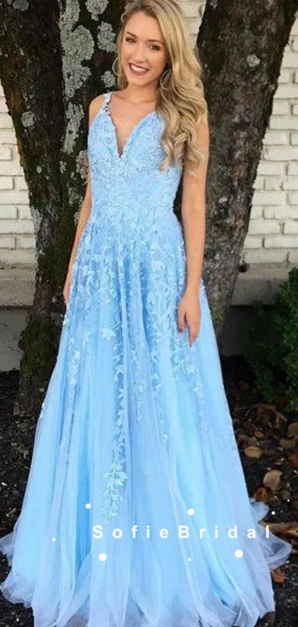 A-Line V-Neck Spaghetti Straps Blue Tulle Long Prom Dresses With Lace,SFPD0071