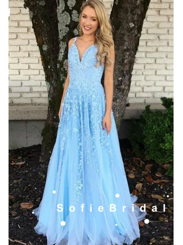 A-Line V-Neck Spaghetti Straps Blue Tulle Long Prom Dresses With Lace,SFPD0071