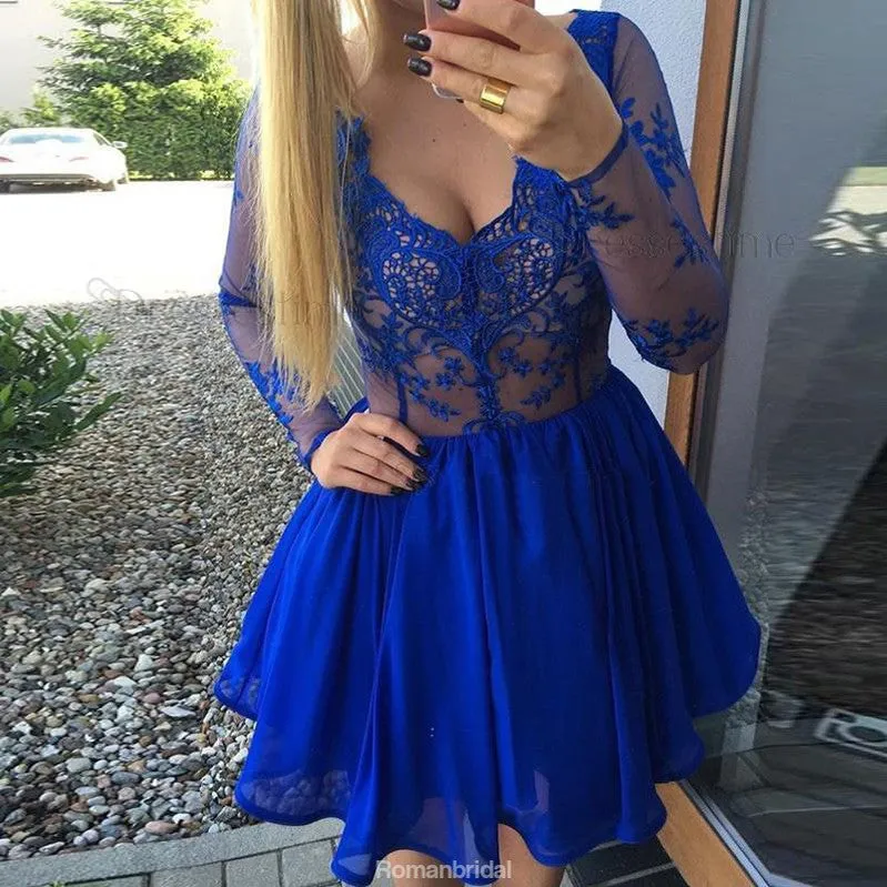 Amazing V-neck Long sleeves Blue Lace Chiffon Short Homecoming dresses, HD0371