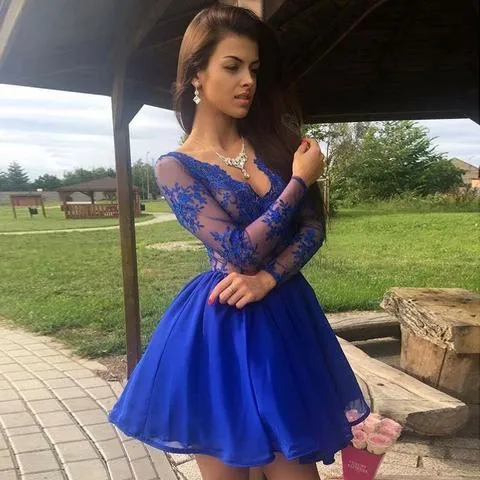 Amazing V-neck Long sleeves Blue Lace Chiffon Short Homecoming dresses, HD0371