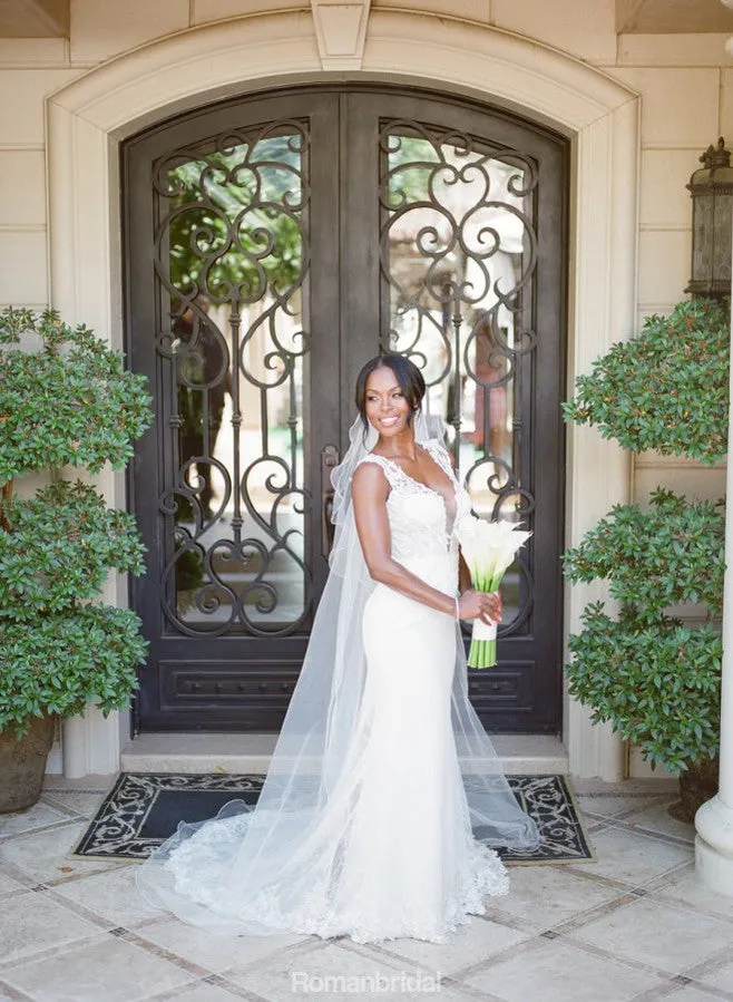 Amazing White lace sexy V-neck sleeveless elegant tail wedding dress, WD0330