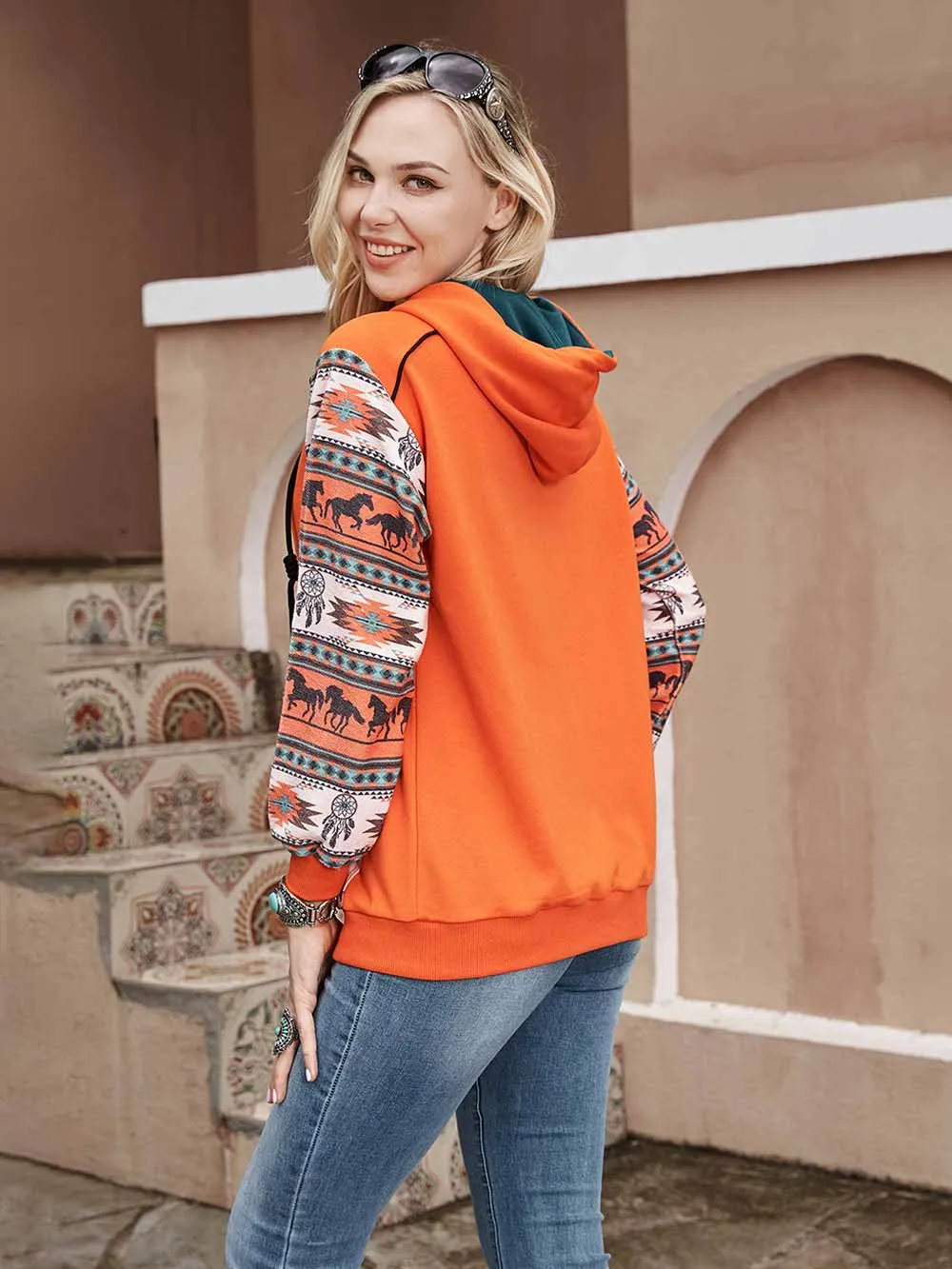 American Bling Women Patchwork Aztec Zip Up Hoodie