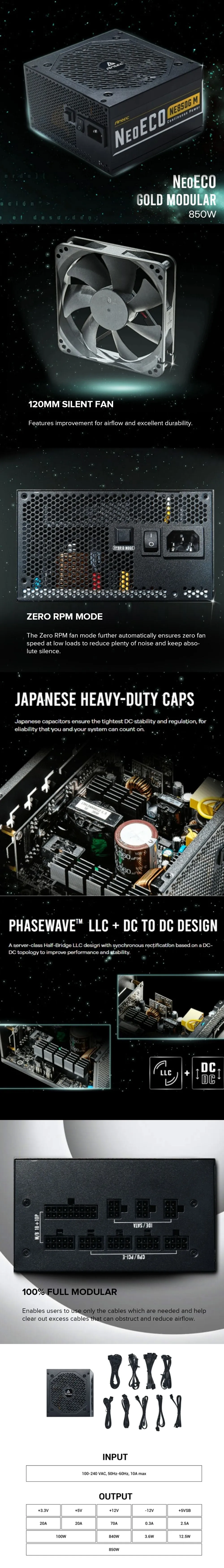 Antec NeoEco 850w, 750w and 650w 120mm Silence Fan Gold Fully Modular Japanese Heavy-Duty Caps Power Supply 19GLO