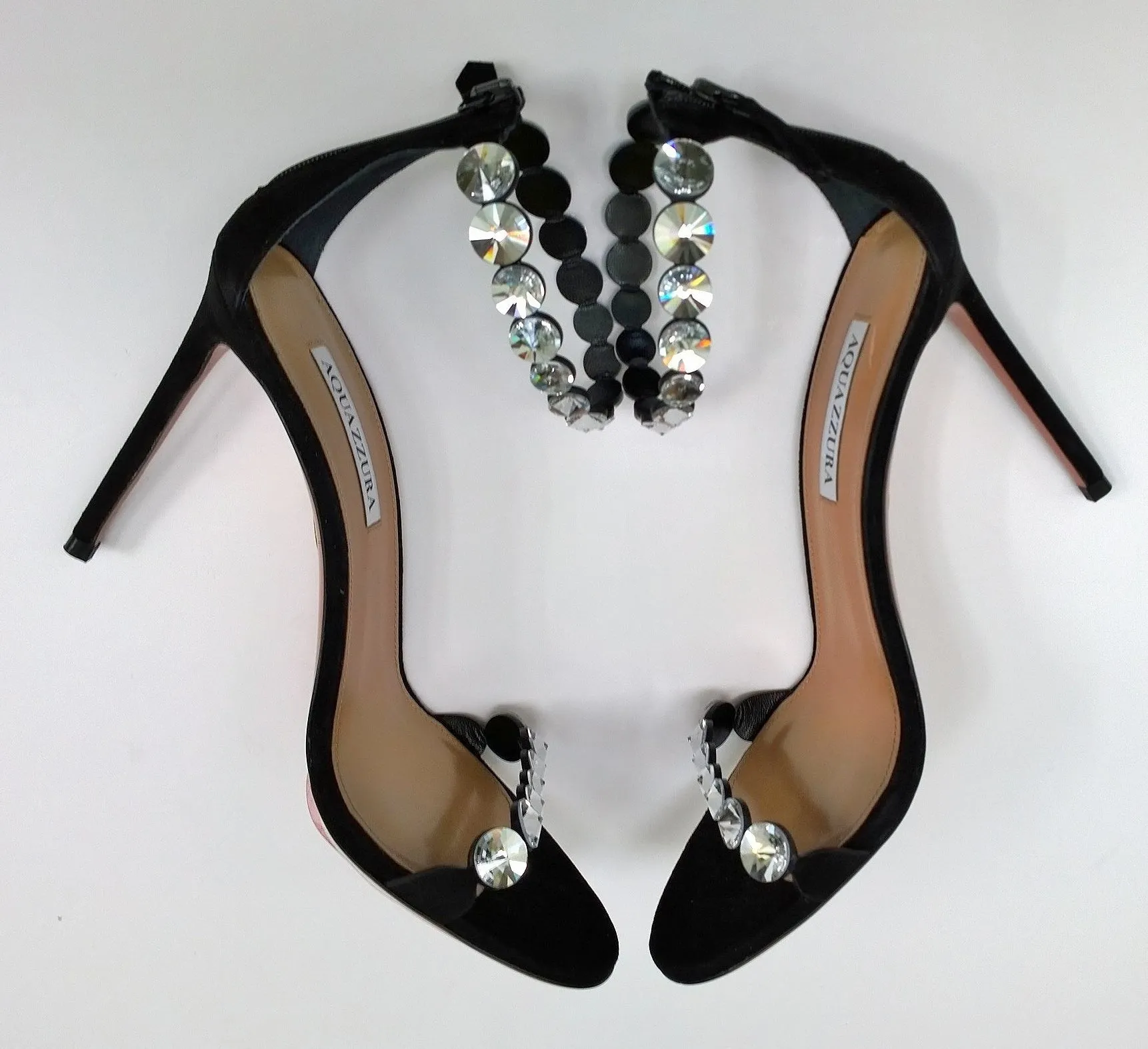 Aquazzura Max Tequila 105 Black Suede Rhinestone Ankle Strap Heels Sandals