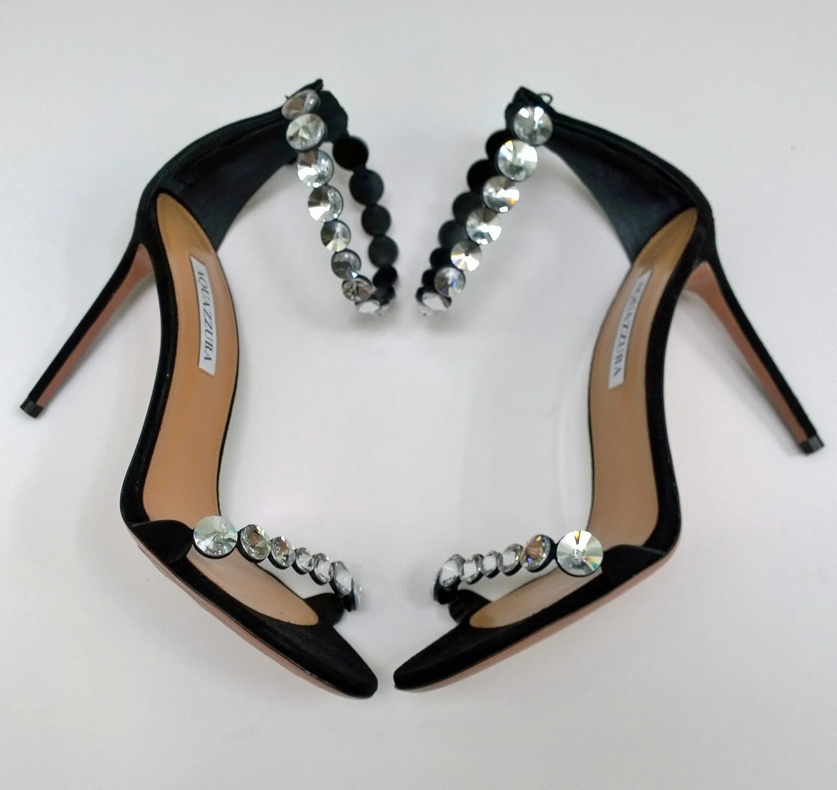 Aquazzura Max Tequila 105 Black Suede Rhinestone Ankle Strap Heels Sandals