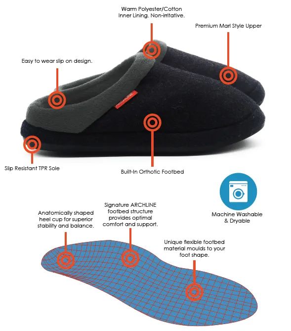 Archline ORTHOTIC SLIPPERS SLIP ON Charcoal Marl