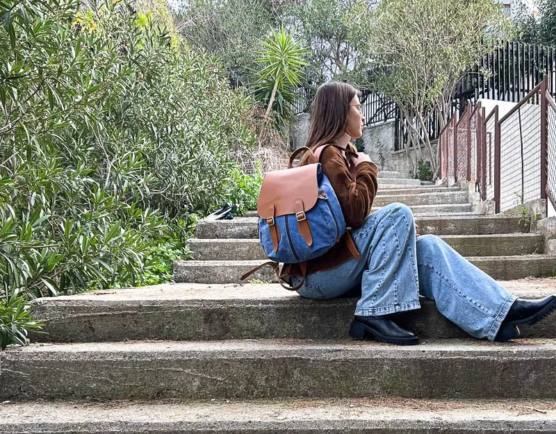 Artemis backpack - Blue stonewashed canvas and Brown leather