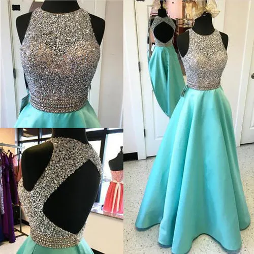 Beautiful Beaded Satin Open Back Jewelry Neck Sequins Long Prom Dresses, SP412