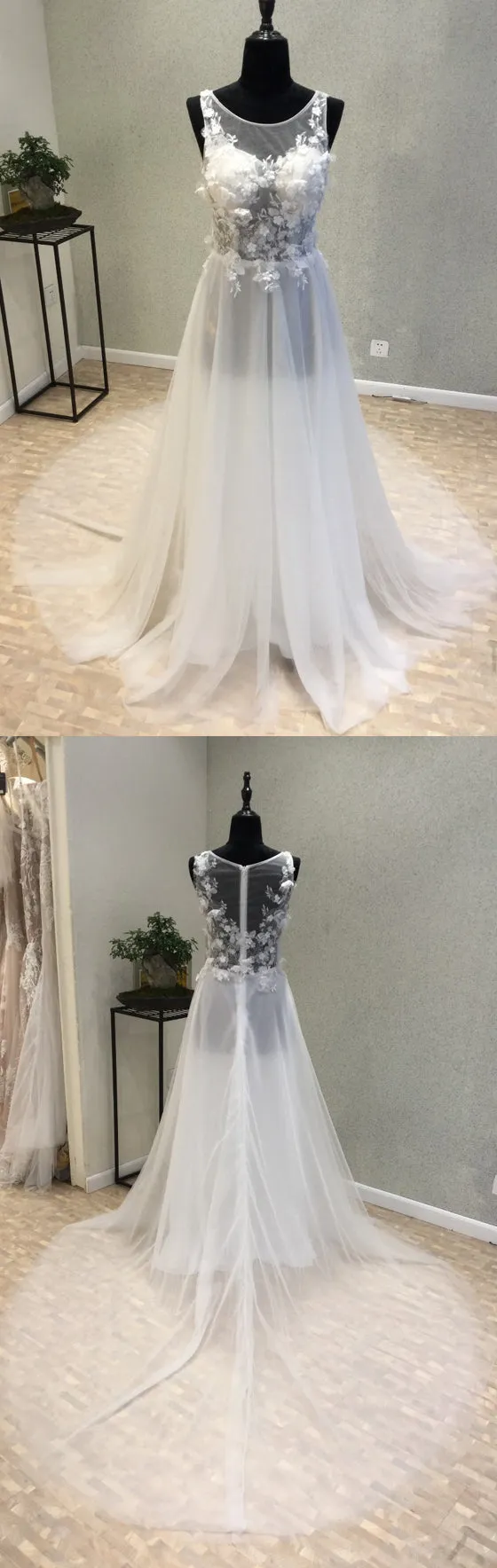 Beautiful Sexy Seen Through Beach Long Bridal Wedding Dress, WG1214