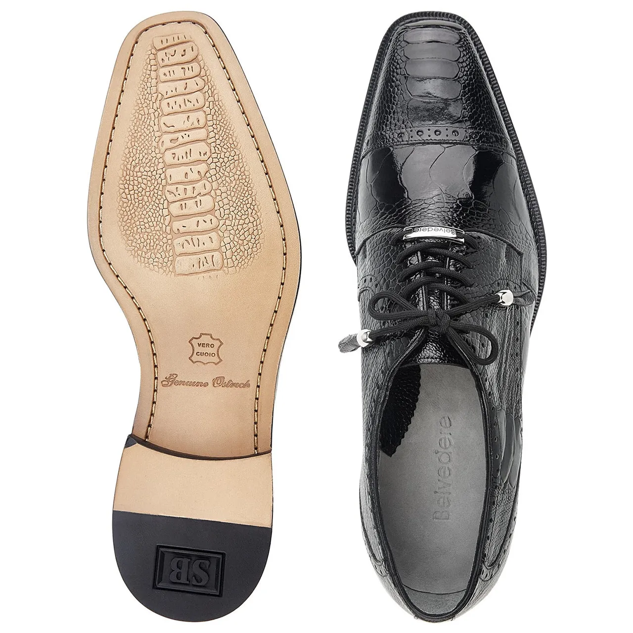 Belvedere Batta Black Genuine Ostrich Cap-toe Men's Lace-up Shoes