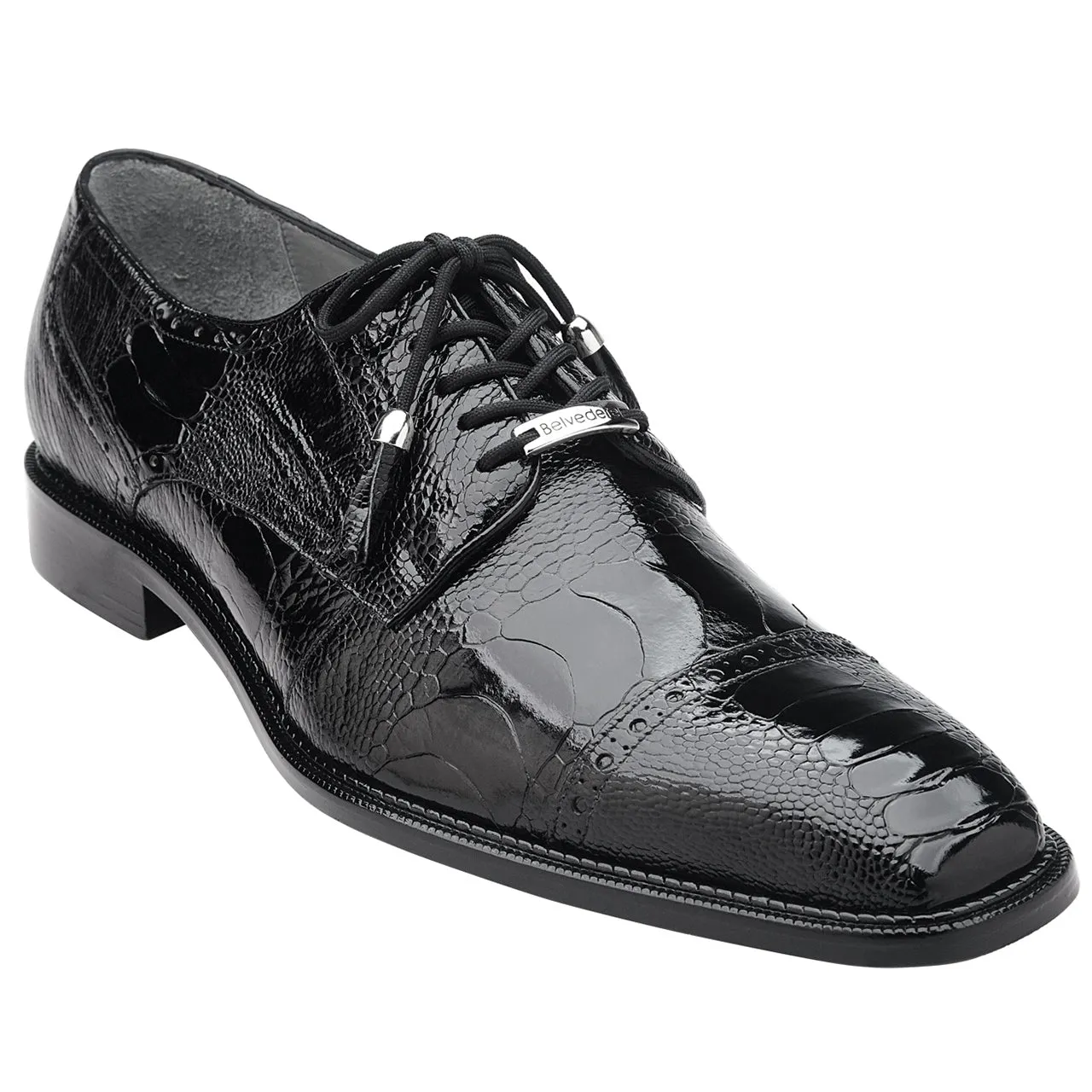 Belvedere Batta Black Genuine Ostrich Cap-toe Men's Lace-up Shoes