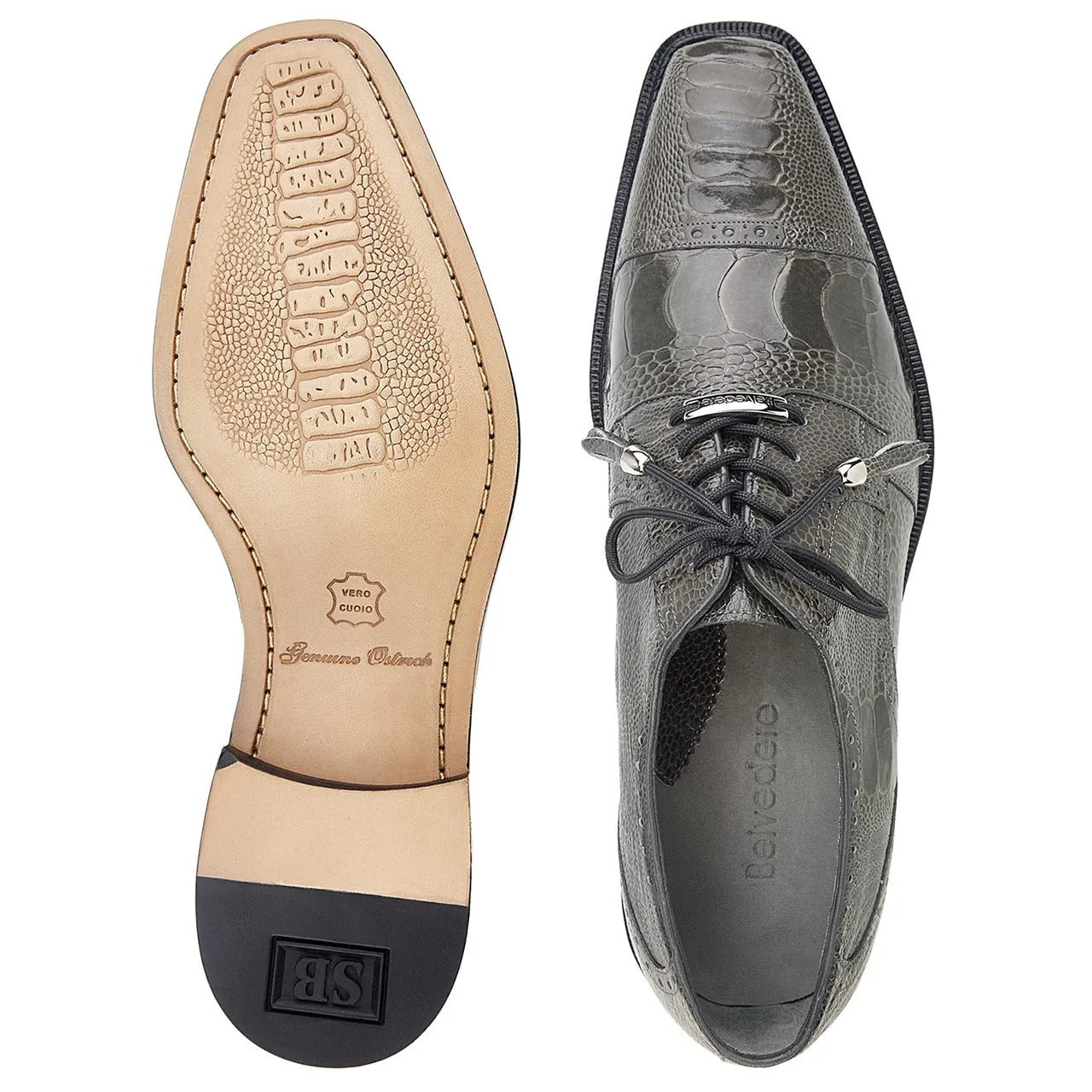 Belvedere Batta Gray Genuine Ostrich Cap-toe Men's Lace-up Shoes