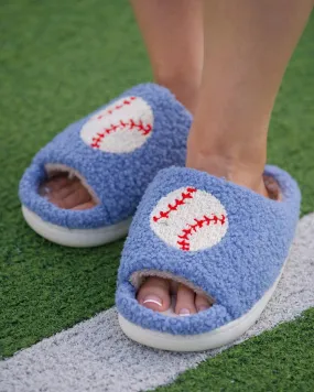 Blue Baseball Cozy Plush Open Toe Slippers