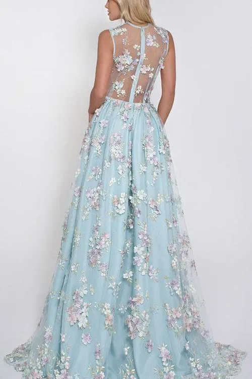 Blue Tulle Appliques V-Neck A-line Sleeveless Long Prom Dresses, M334