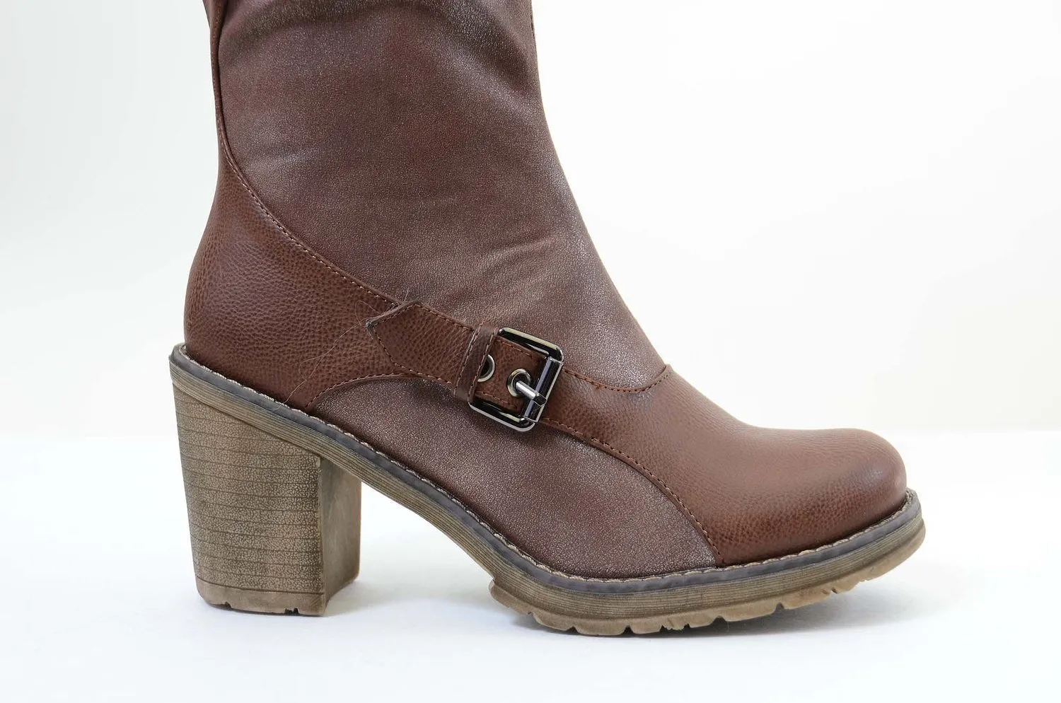 Brown Strappy Buckle Riding Women's Vegan Knee Chunky Heel Boots