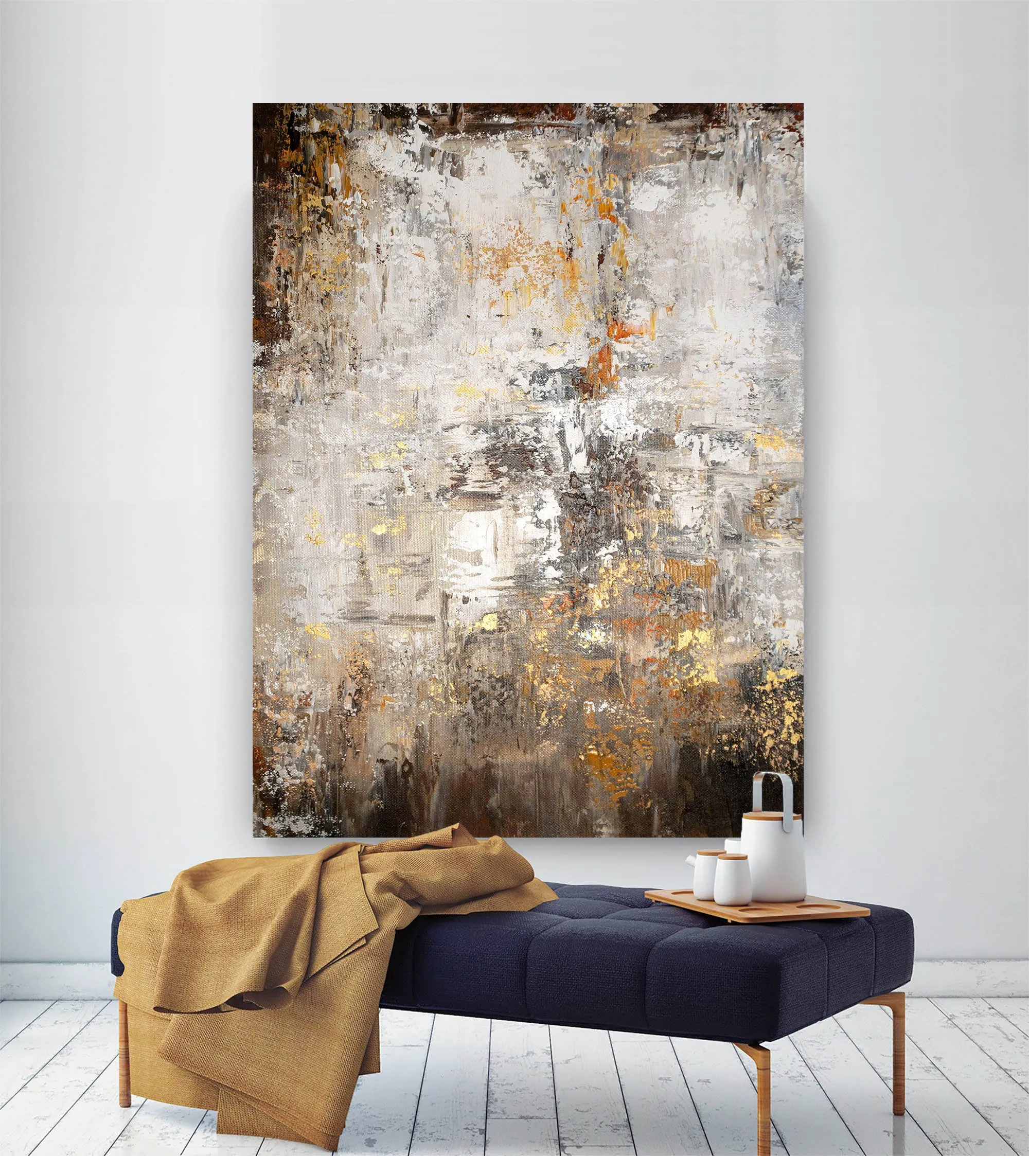 Brown White Yellow Original Abstract Painting on Canvas Home Decor Fp002