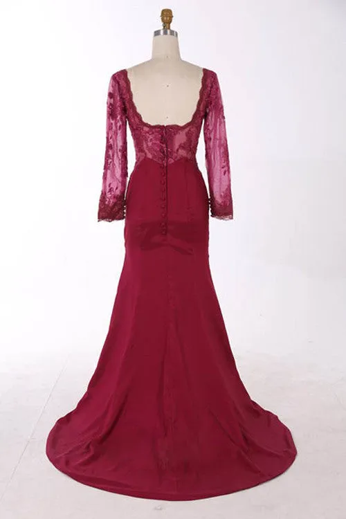 Burgundy A-Line Sweetheart Long Sleeve Prom Dress With Lace Appliques,Popular Prom Dresses,SVD403