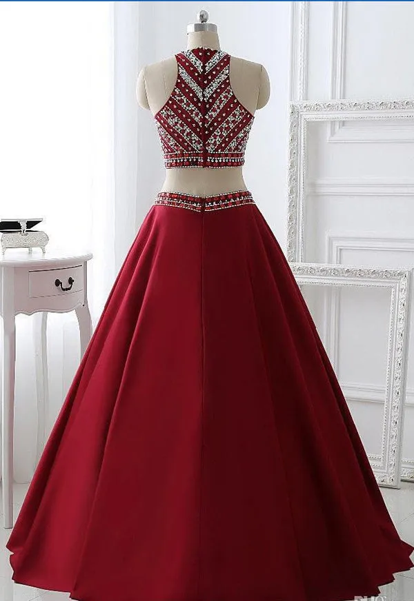 Burgundy Satin A-line Two Pieces Long Prom Dress Party Dresses, M167