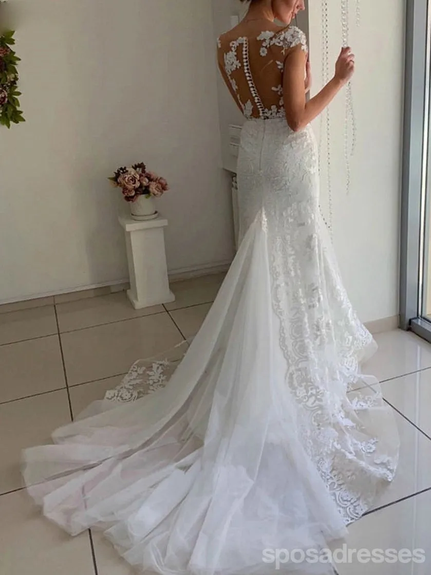 Cap Sleeves Floral Mermaid Handmade Lace Wedding Dresses,WD766