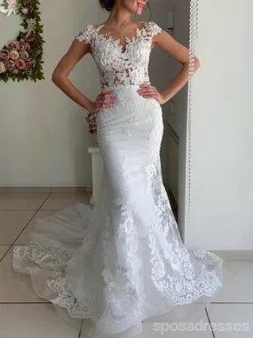 Cap Sleeves Floral Mermaid Handmade Lace Wedding Dresses,WD766