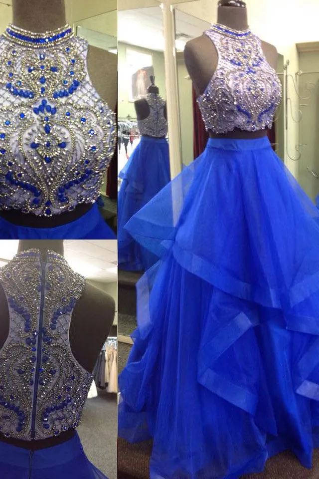 Charming A-line Ball Gown Royal Blue Beading Top Two Piece Prom Dresses M218