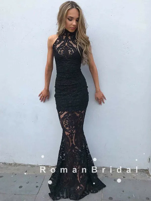 Charming Mermaid Halter Black Lace Custom Long Prom Dresses,RBPD0105