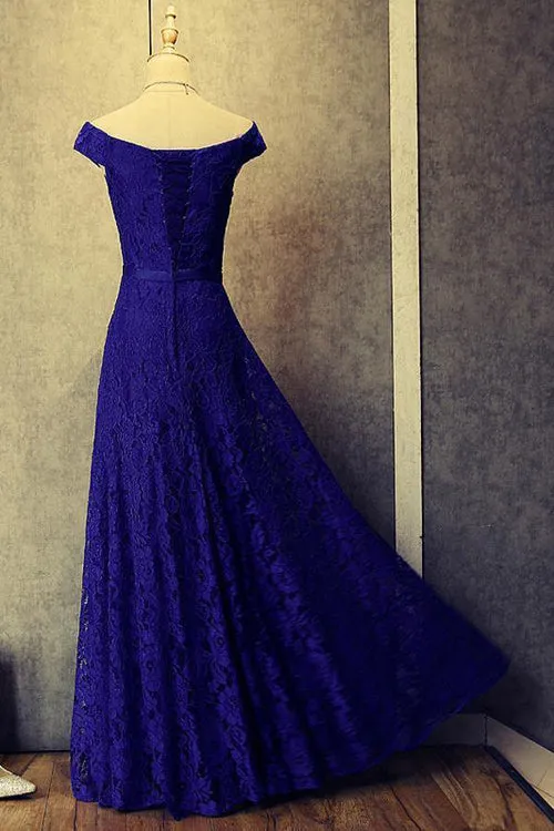 Charming Royal Blue A-line Off-the-shoulder Lace Prom Dress Party Dresses, SP435