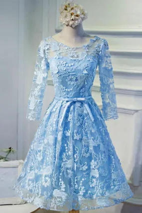 Charming Sheer Half Sleeves Short Prom Dress,Appliques Floral Keyhole Back Homecoming Dress SH125