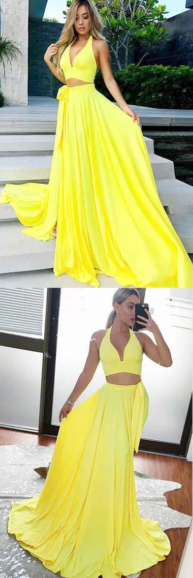 Charming Yellow Satin Two Piece V-Neck Long Prom Party Dresses with Split, M281